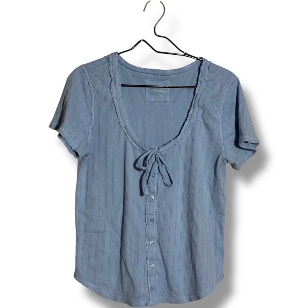Aerie Light Blue Soft Cotton Button-Down Tie Front Short Sleeved Blouse - Picture 13 of 15